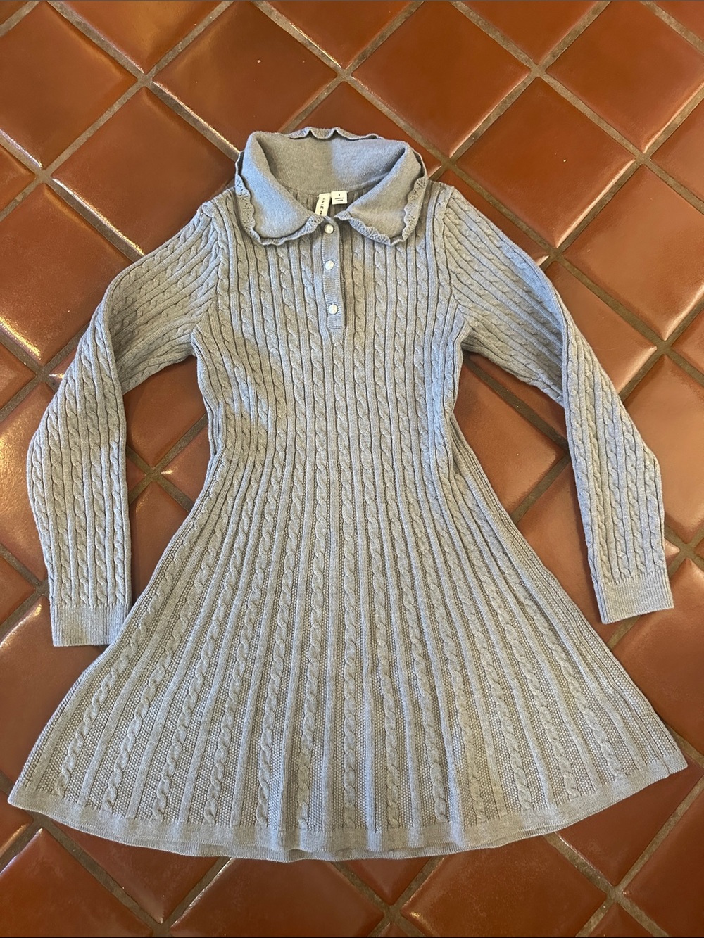 Gray Cable-Knit Polo Sweater Dress